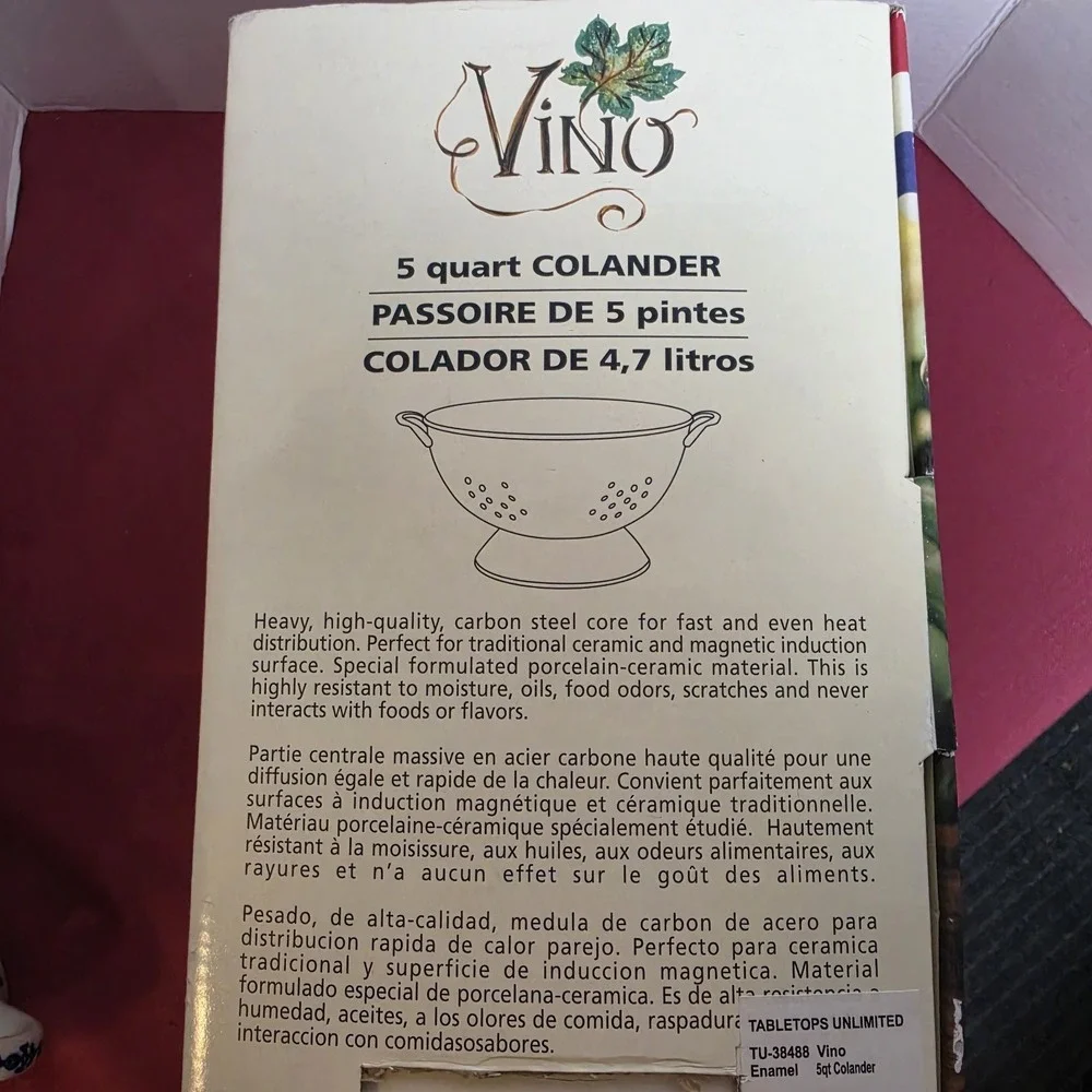 Vintage‎ Tabletops Unlimited Vino Grapes 5 Qt. Metal Colander In Original Box